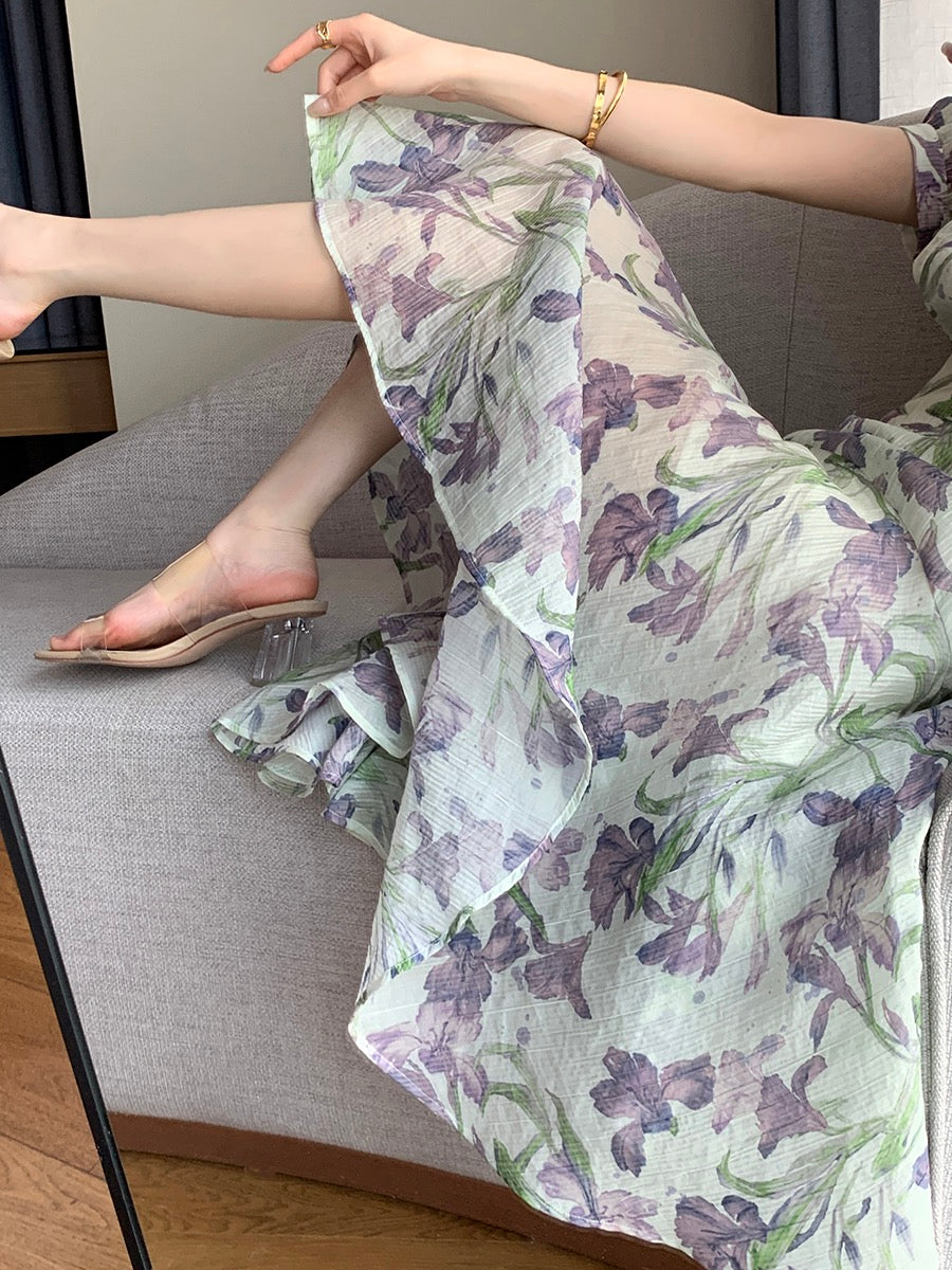 FT GUOGE floral dress female 2023 summer new French tea break seaside vacation V-neck tencel long skirt