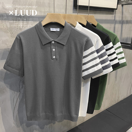LUUD High-quality color-blocking four-bar knitted polo shirt Korean Dongdaemun loose short-sleeved summer top men