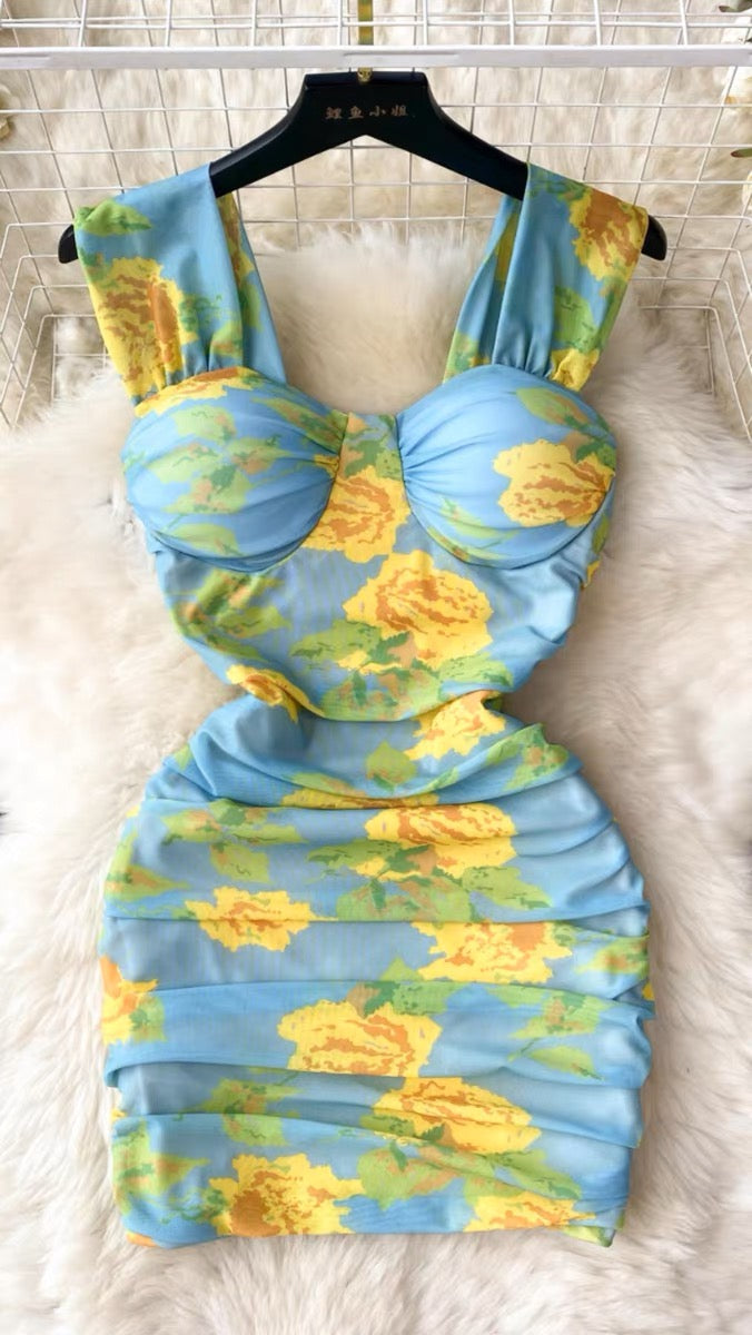Nightclub hot girl style printed mesh suspender dress female 2023 summer folds slim fit hip tube top short skirt