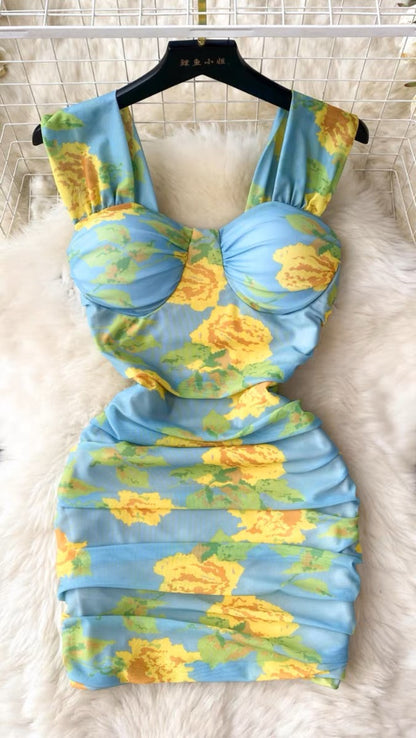 Nightclub hot girl style printed mesh suspender dress female 2023 summer folds slim fit hip tube top short skirt