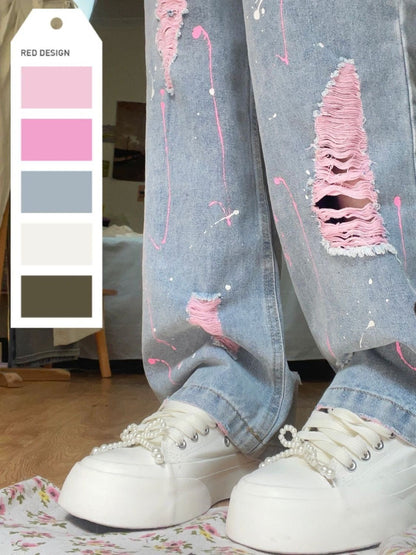 Ripped jeans women's summer 2023 new pants look thin and versatile high waist wide leg pants loose drape trousers