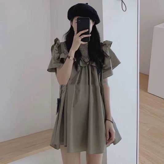 Korean chic summer simple niche round neck stitching pleated ruffles loose casual short-sleeved dress skirt
