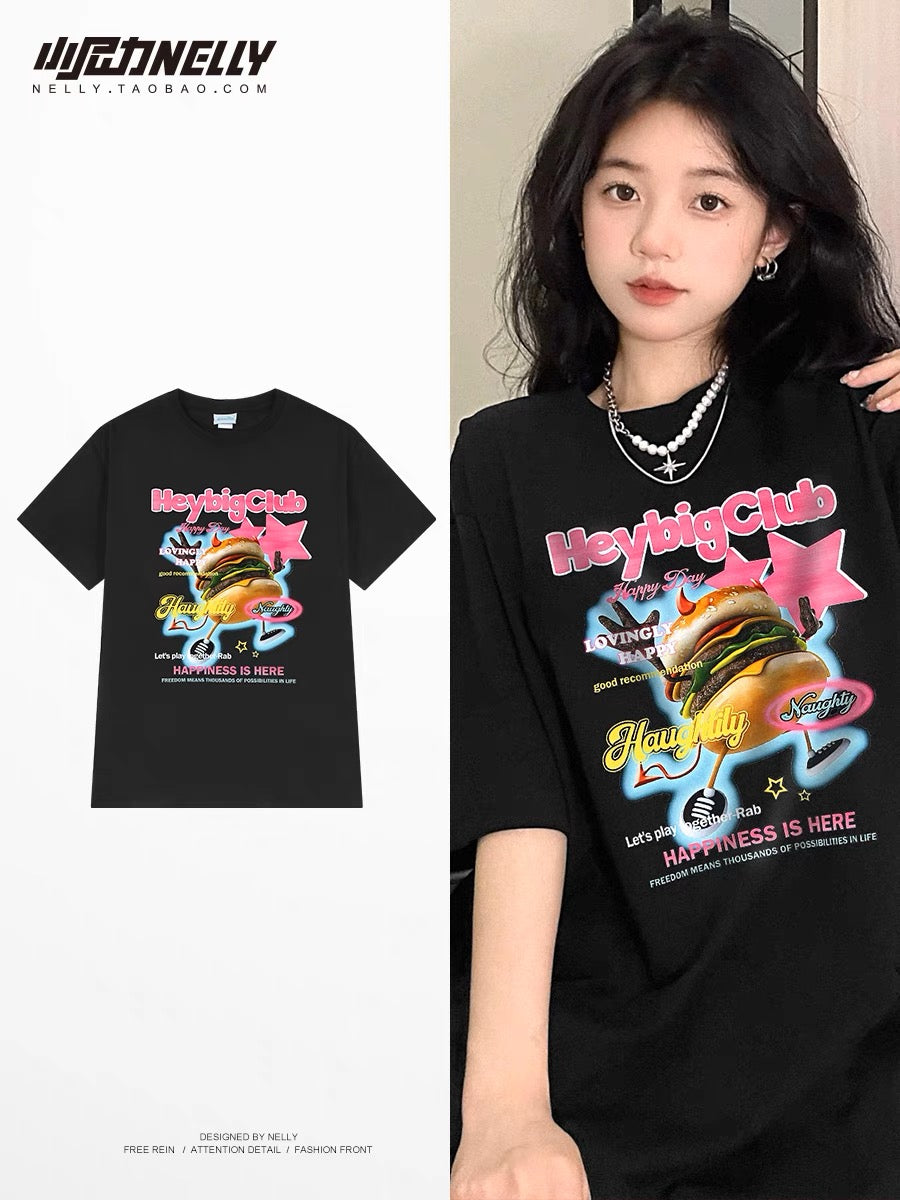 ins2023 American retro hamburger print short-sleeved T-shirt men's and women's tide brand design sense half-sleeved t-shirt mid-sleeved tee