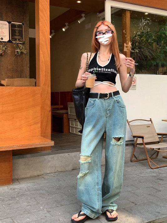 Light blue retro ripped jeans women's summer straight-leg pants mopping pants washed old trousers high-waisted pants