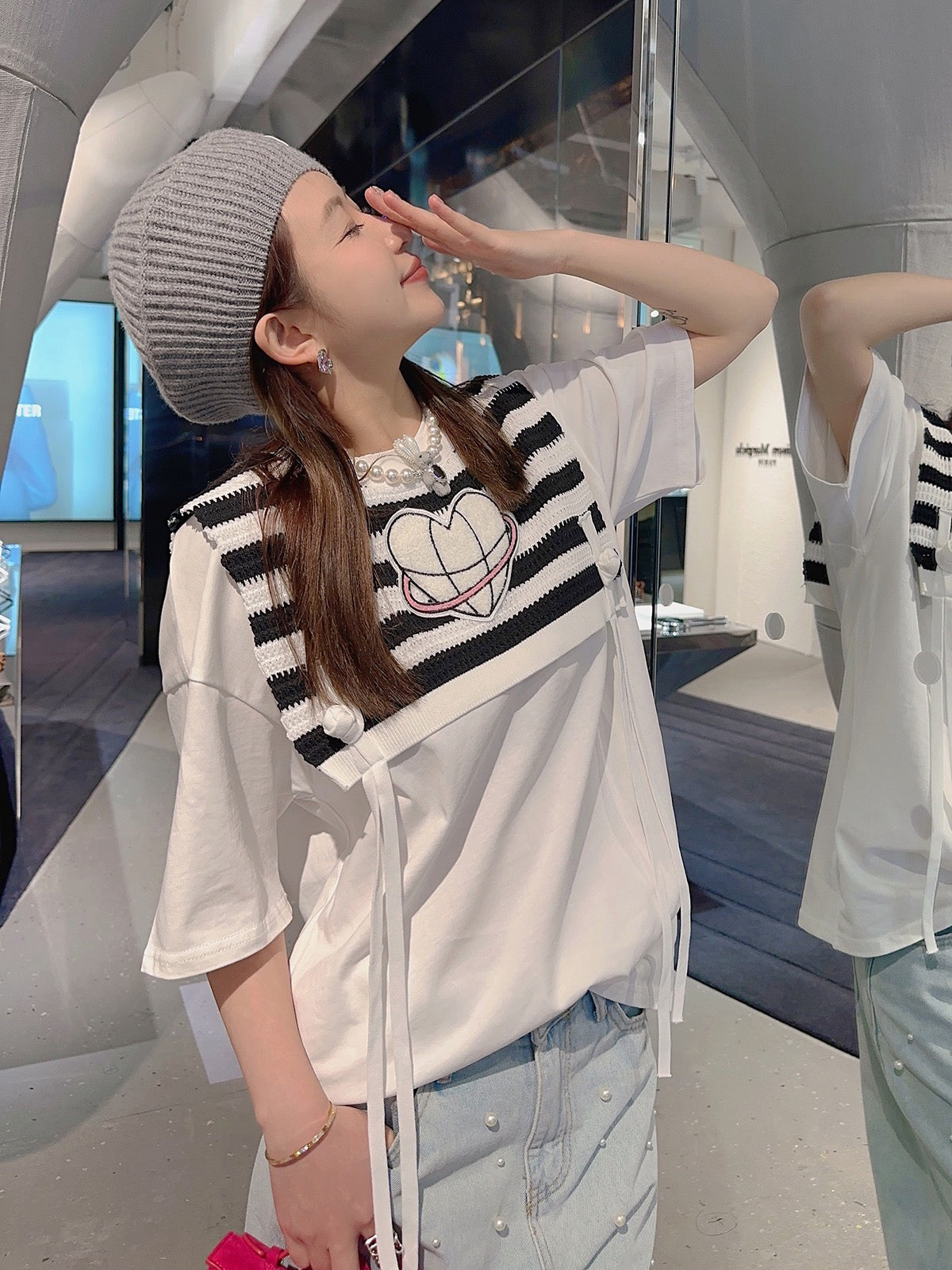 Thebestxue Korean version of the college wind fake two-piece striped love knitted shawl stitching white short-sleeved T-shirt women