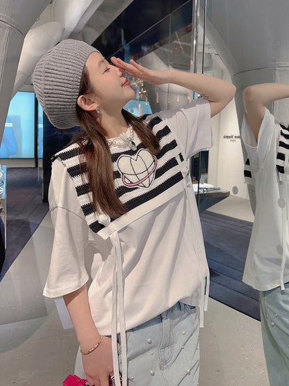 Thebestxue Korean version of the college wind fake two-piece striped love knitted shawl stitching white short-sleeved T-shirt women