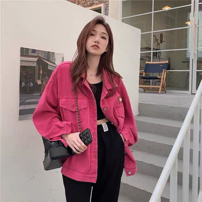 Kumikumi denim jacket women's autumn sweet and cool BF style loose fried street jacket retro wild tooling top tide 1003