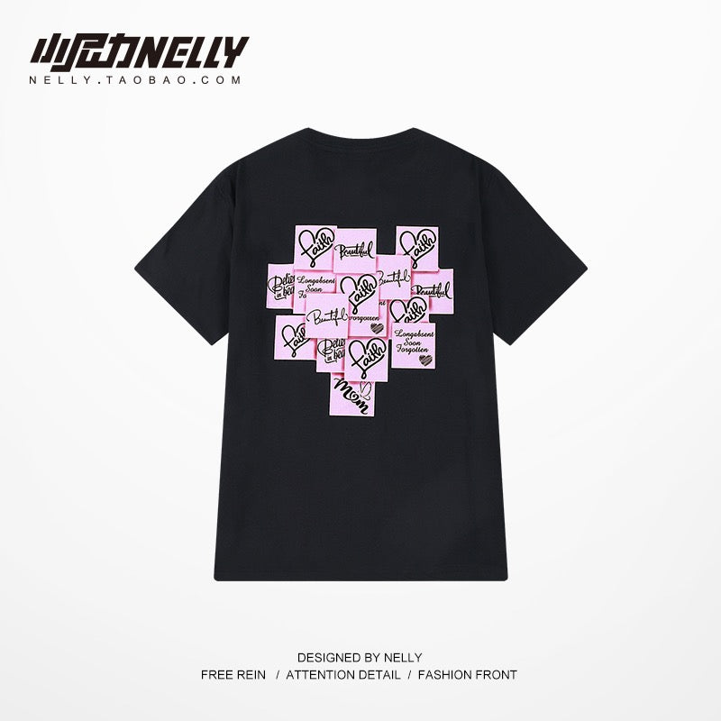 oversize love post-it sticker woven label design couple outfit solid color T-shirt fried street short-sleeved men's and women's half-sleeved mid-sleeve