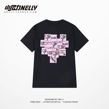 oversize love post-it sticker woven label design couple outfit solid color T-shirt fried street short-sleeved men's and women's half-sleeved mid-sleeve