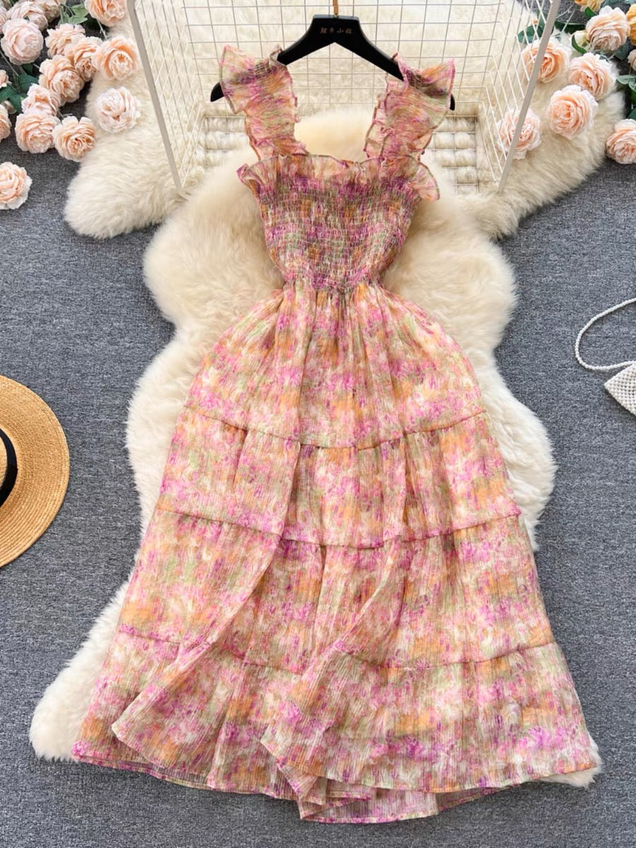 Sweet French wood ear strap floral chiffon dress female waist slimming temperament super fairy forest first love skirt