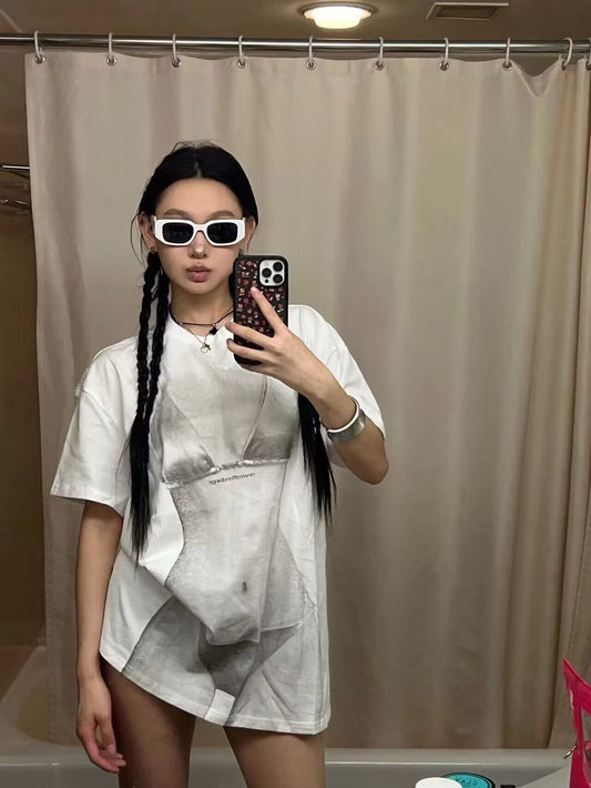 NOLA perspective effect loose short-sleeved t-shirt female American street oversize lower body missing half-sleeved top