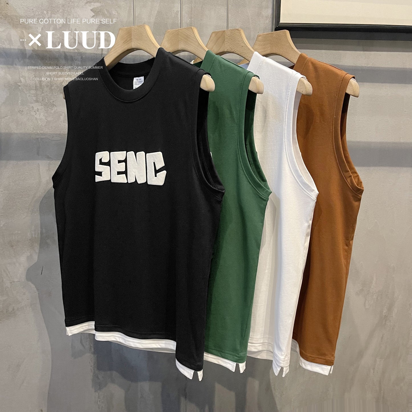 LUUD English sleeveless T-shirt men's micro-wide print vest sleeveless vest splicing fake two-piece bottoming top