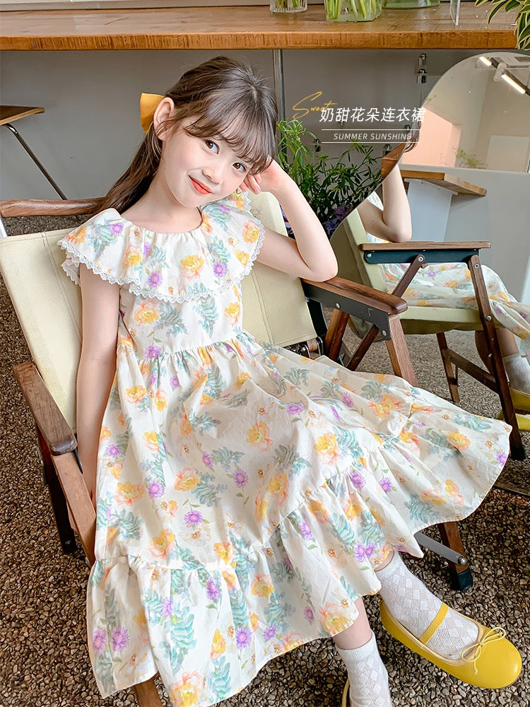Girls summer dress 2023 new foreign style children's skirt summer children's clothing little girl floral princess dress tide