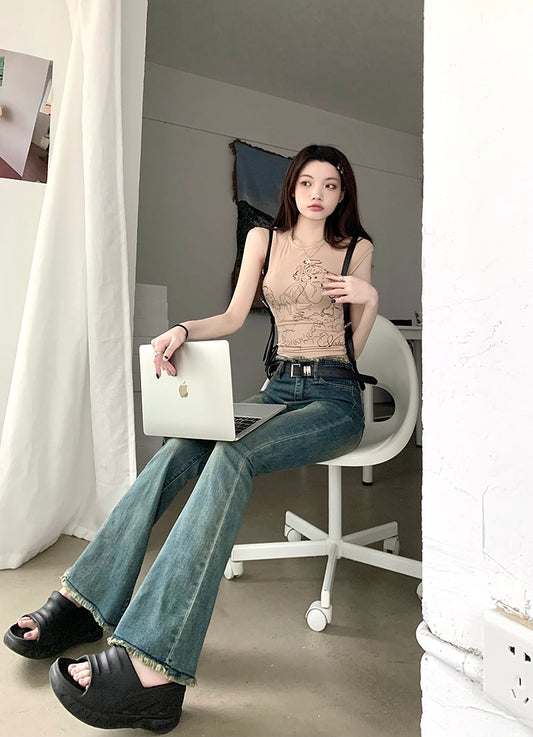 kumikumi retro washed old jeans women's summer hot girl stretch slim straight-leg trousers slightly booted long trousers
