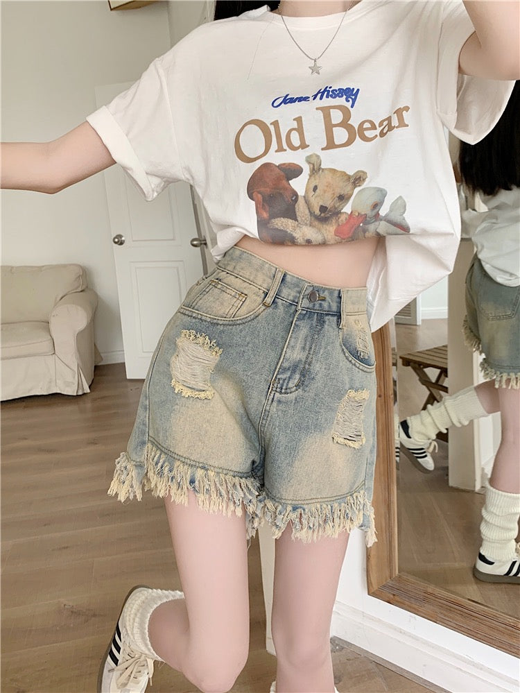 Kumikumi retro washed raw edge jeans short pants female summer hot girl high waist thin wide leg pants hot pants