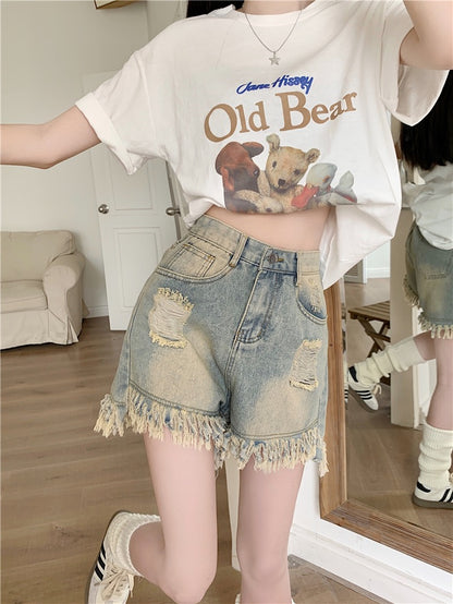 Kumikumi retro washed raw edge jeans short pants female summer hot girl high waist thin wide leg pants hot pants