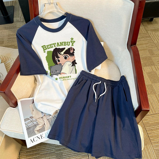Sports Fashionable Cotton Casual Contrast Color Suit Women's Summer Fashion Foreign Style Short-sleeved Shorts Age-Reducing Running Two-piece Set
