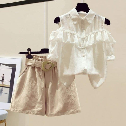 Two-piece set 2022 summer new hot style temperament off-shoulder chiffon shirt top women + casual A-line shorts hot pants suit