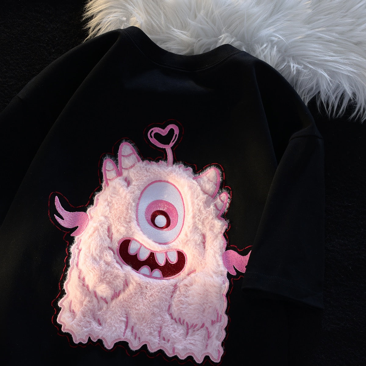 JWNEED pink little monster couple outfit T-shirt men and women summer cute niche plush 3D three-dimensional embroidery short sleeves