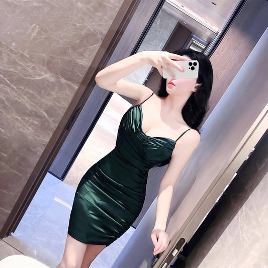 Satin style dark green sling pleated sexy dress