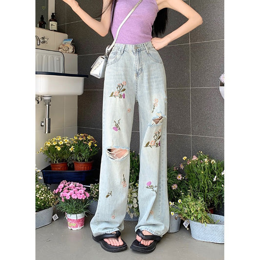 Kumikumi heavy industry flower embroidery hole jeans women's summer high waist wide leg pants mopping pants long pants