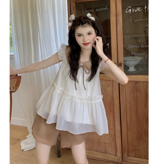 Korean version of sweet summer suit female 2023 new loose A word sleeveless top casual high waist shorts two-piece set