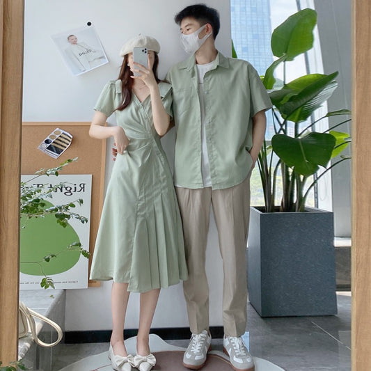 Couple outfit, one skirt, one clothing, ins net red trend temperament, irregular design sense, niche shirt dress, short sleeves