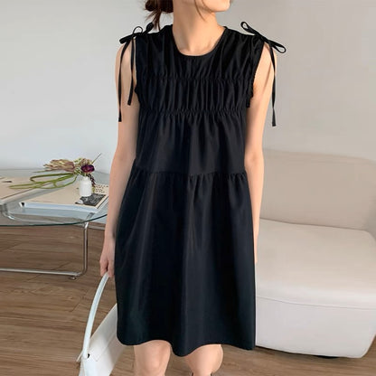 Korean chic niche retro round neck pleated bow tie small sleeveless vest dress female