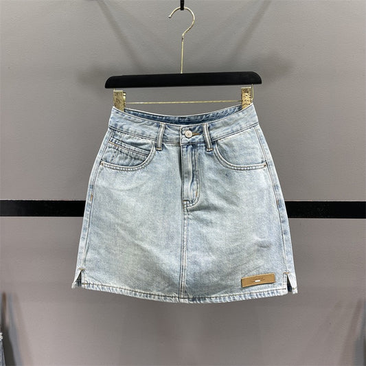 Light blue denim skirt women's 2023 summer new high waist slimming package hip skirt label slit A word skirt