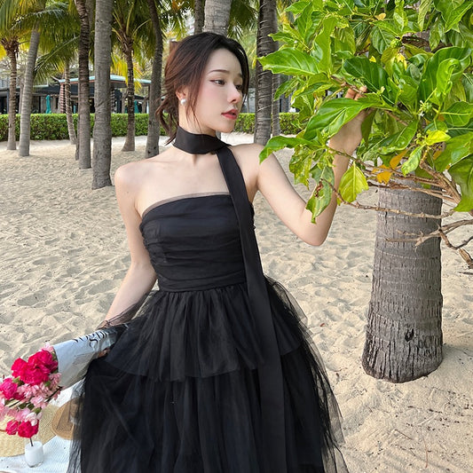 French irregular design mesh tube top dress Hepburn style temperament high-end black seaside beach skirt