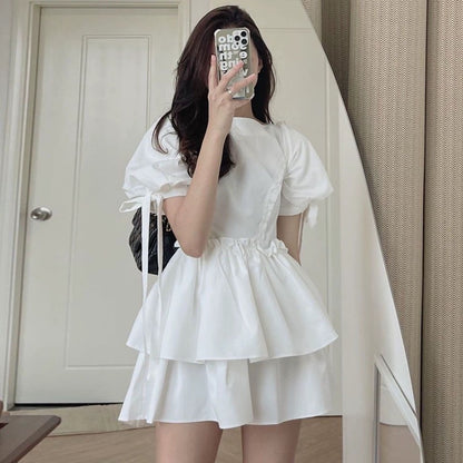 Korean chic summer foreign style age-reducing round neck ruffled high waist slimming tie puff sleeve dress short skirt female
