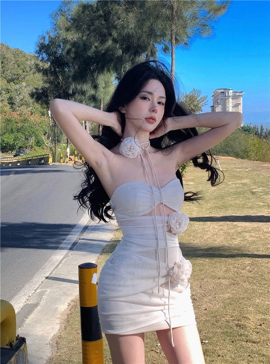 Pure desire flower tube top dress female summer hot girl rose chic unique skirt sexy mesh bag hip skirt