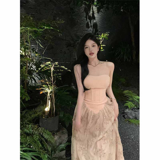 Waist tube top pink temperament dress open back sequined a-line long skirt spring and summer new gentle and thin chic female