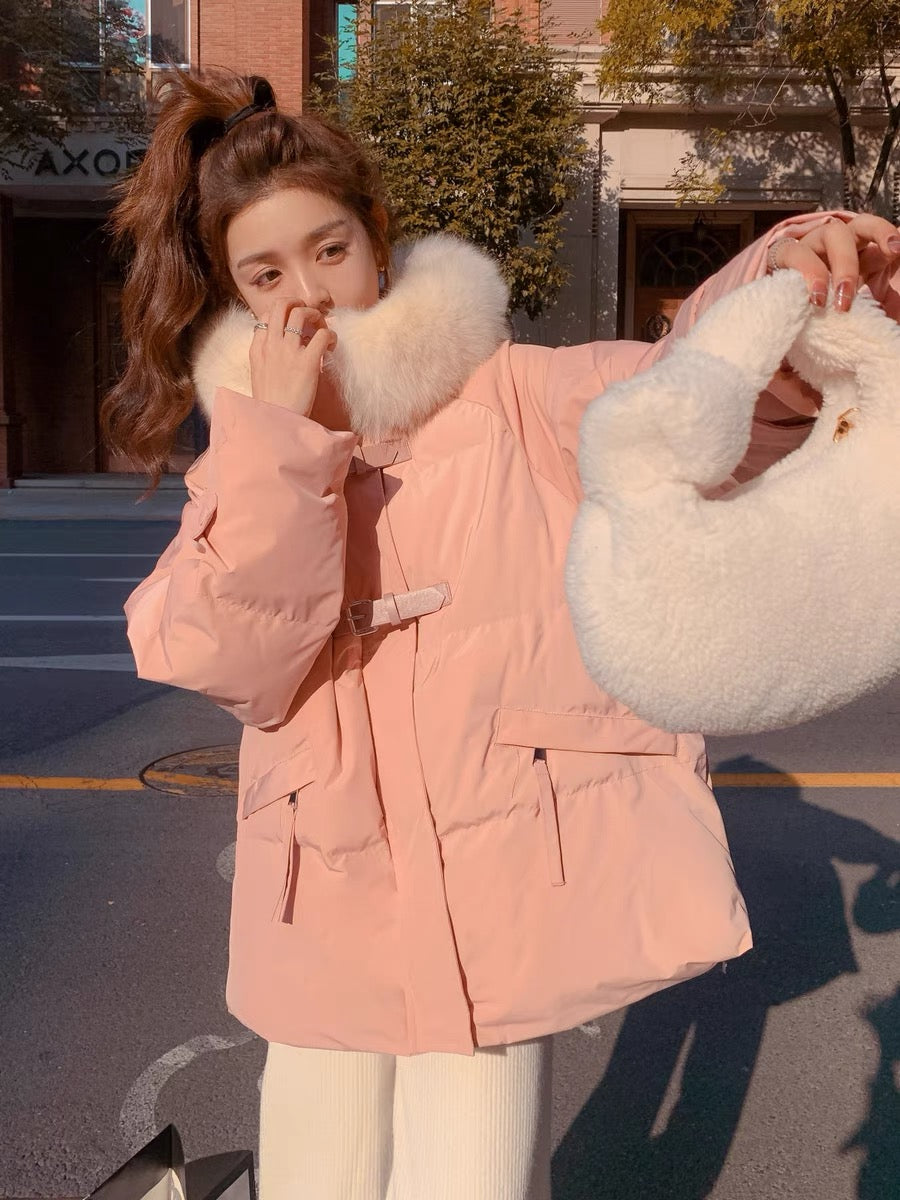 Pink down padded jacket women's winter 2022 new Korean style niche design sense thickened short cotton padded jacket tide ins