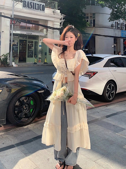 Holiday style sunscreen tie square collar one shoulder dress women's summer design sense splicing loose long skirt