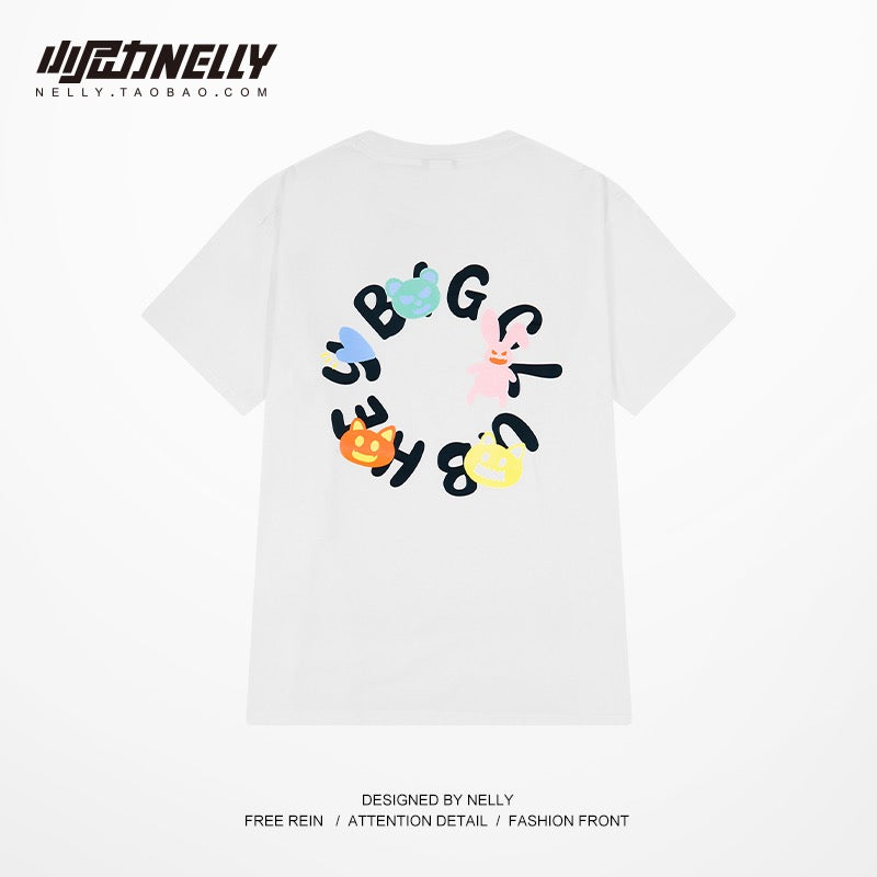 Ins letter printing little monster short-sleeved t-shirt men and women 2023 summer new trendy brand cotton half-sleeved top sleeves