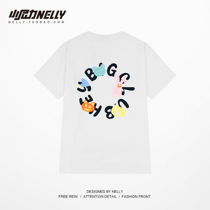 Ins letter printing little monster short-sleeved t-shirt men and women 2023 summer new trendy brand cotton half-sleeved top sleeves