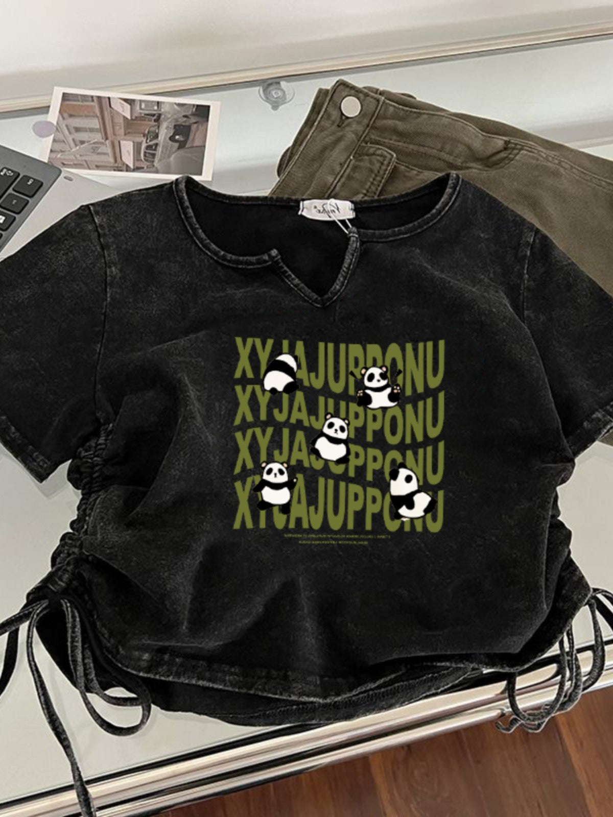Girlfriends and sisters couples wear old washed short-sleeved t-shirt women's summer slimming t-shirt short drawstring hot girl top
