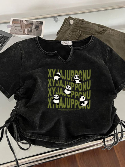 Girlfriends and sisters couples wear old washed short-sleeved t-shirt women's summer slimming t-shirt short drawstring hot girl top