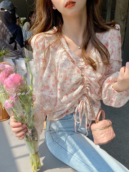Berry likes you and likes a large custom-made pink embroidery floral shirt chic v-neck puff sleeve top female spring