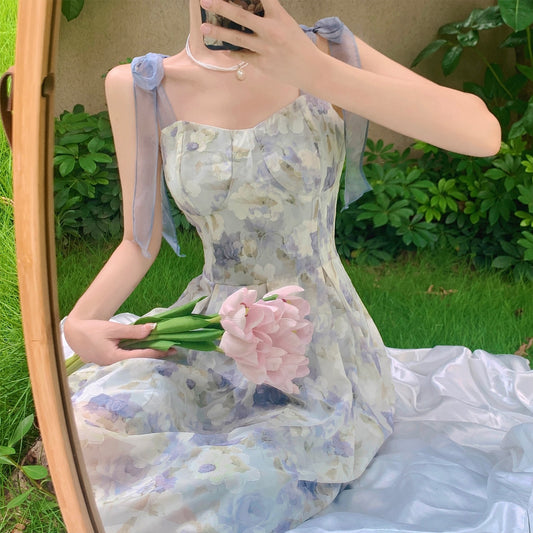 Tea break French niche suspender dress oil painting wind fairy spirit super fairy forest first love waist skirt chic long skirt