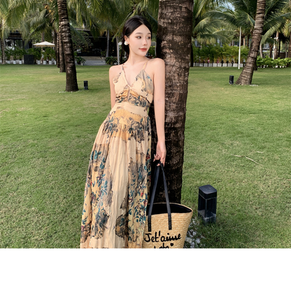 New Chinese style retro print suspender dress women's design sense folds backless thin seaside holiday inner skirt