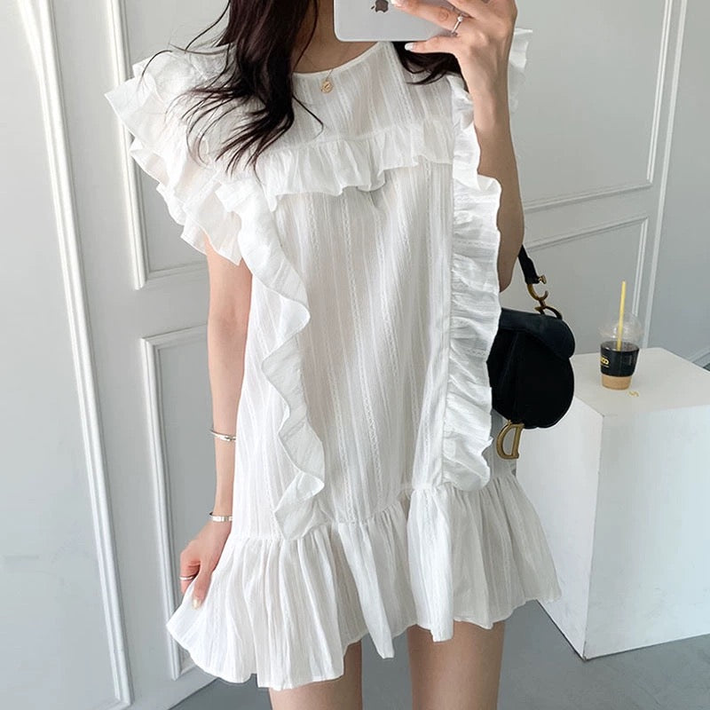 Korean chic summer French temperament round neck stitching ruffles loose flying sleeves small dress skirt