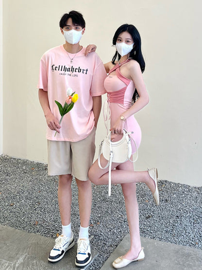Couple wear summer clothes niche design sense ins short-sleeved T-shirt female cross suspender bag hip dress one skirt one clothes tide