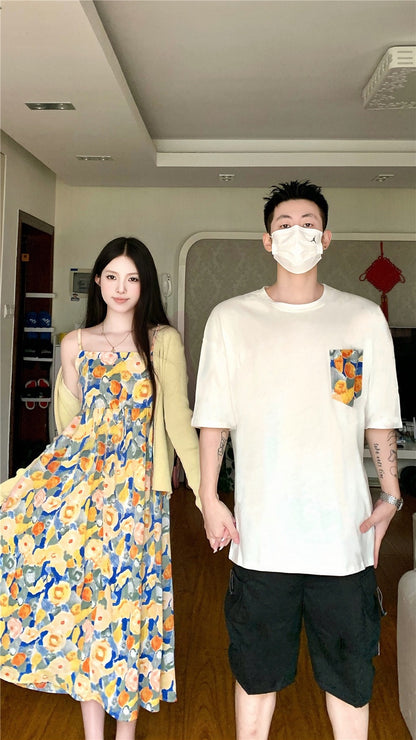 Couple outfit summer niche design sense Korean version short-sleeved t-shirt men and women two-piece suit French one dress one skirt ins tide brand