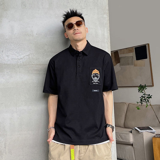 Uncle Bar summer men's personality printed lapel polo shirt loose short-sleeved American casual T-shirt ruffian handsome top tide