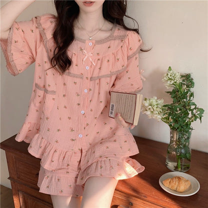 Summer net red style lace floral short-sleeved shorts cotton pajamas women's summer small home service outerwear suit