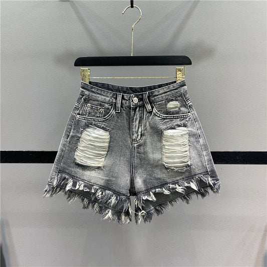 Retro high waist ripped denim shorts women 2023 summer new hot girl A-line wide-leg pants tassel raw edge hot pants