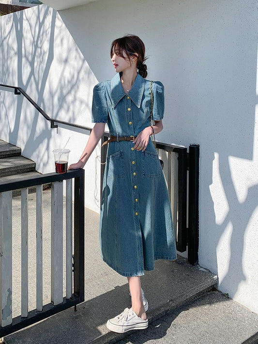 French retro polo collar denim dress women's summer single-breasted button puff sleeve waist slim temperament long skirt