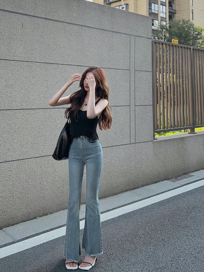 Temperament Sexy Millennium Spice Girls High Waist Raw Edge Micro Flared Jeans Summer New Retro Blue Elastic Flared Trousers